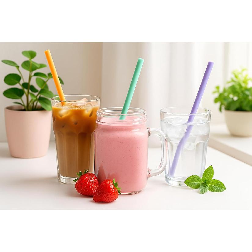8.6-inch (220mm) Reble Silicone Straws – Set of 8 Soft Pastel Straws + Cleaning Brush + Kraft box – BPA-Free, Dishwasher Safe – Great for
