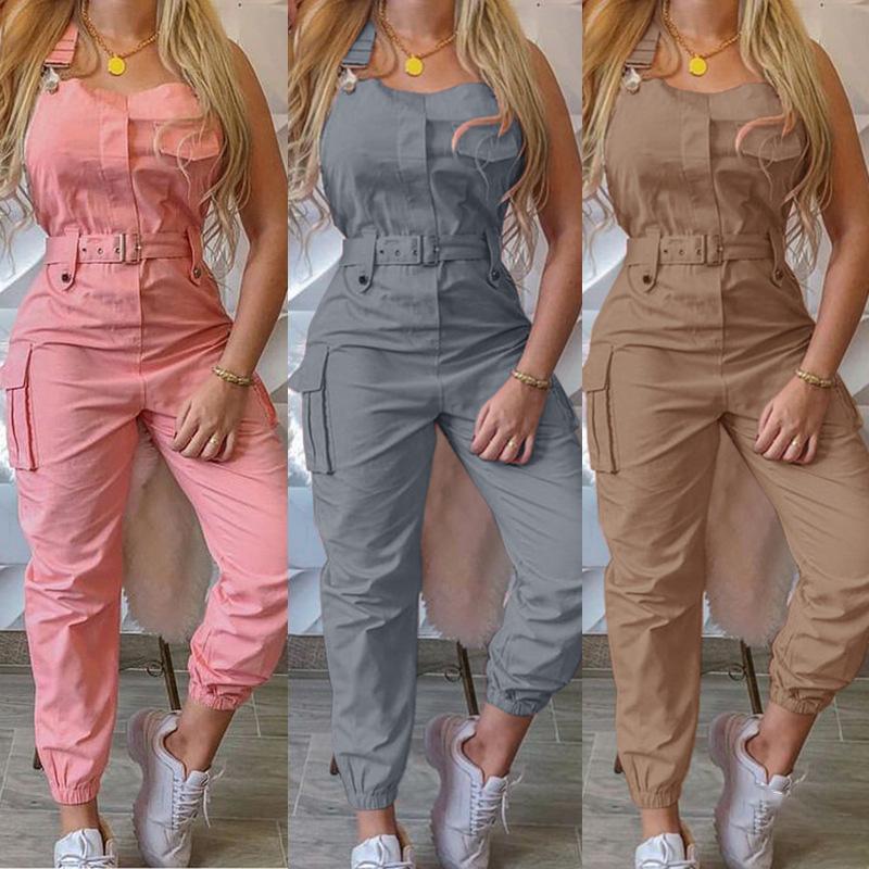 Autumn Women's Clothing Bodysuit Jumpsuit Simple Zipper Cargo High Waisted Conjoined Body Pants Sleeveless Strap Trousers