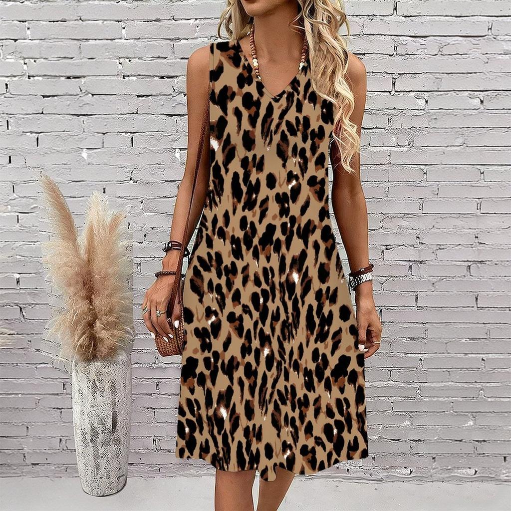 Plus Size V Neck Sleeveless Dress Green Mountain Pine Forest Watercolor Print For Suburban Nature Trip