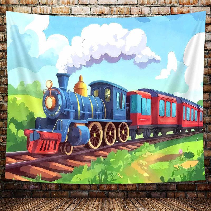 Christmas Train Station Tapestry Wall Hanging Steam Locomotive Snowy Tree Night Aesthetic Wall Art Bedroom Decor