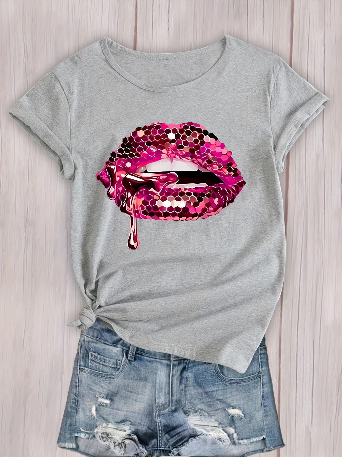 

Crew Neck Workout Top Women s Activewear Lips Graphic Sports T-shirt Short Sleeve Casual Aesthetic Clothes 4XL