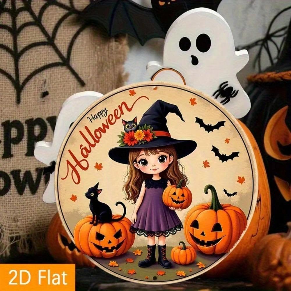 Vintage Halloween Witch Aluminum Round Wall Sign, Black Cat Pumpkins Bats Gothic Metal Art Decor