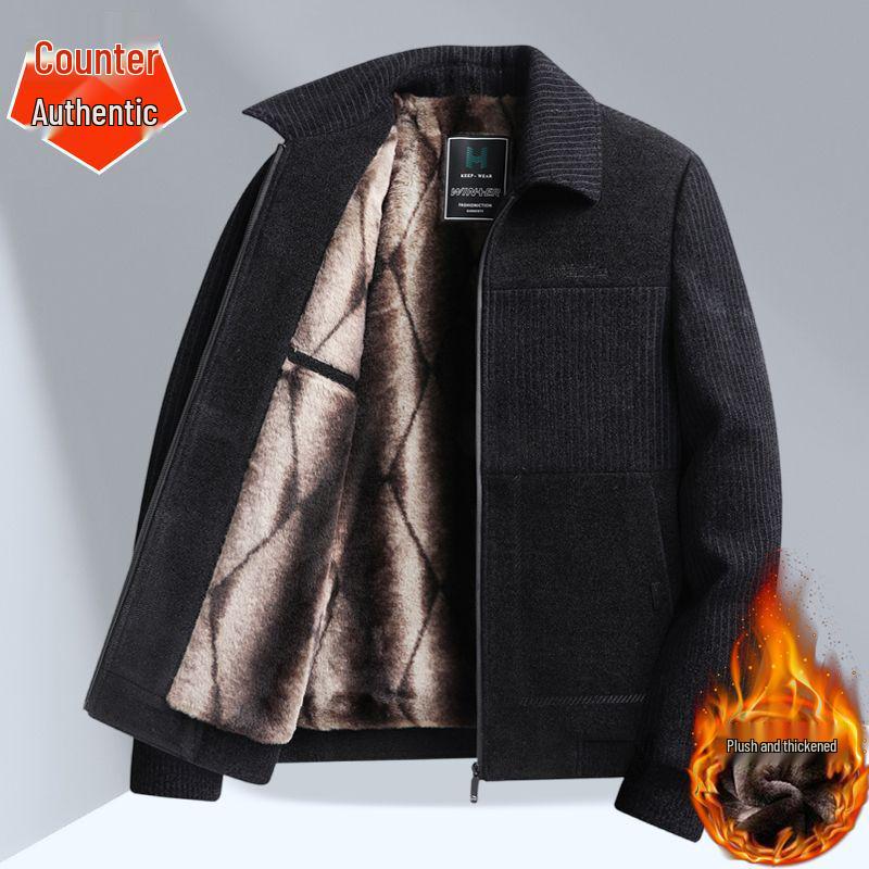 Men's Chenille Lapel Woolen Coat - Velvet Lined Winter Jacket for Middle-Aged and Elderly Dads