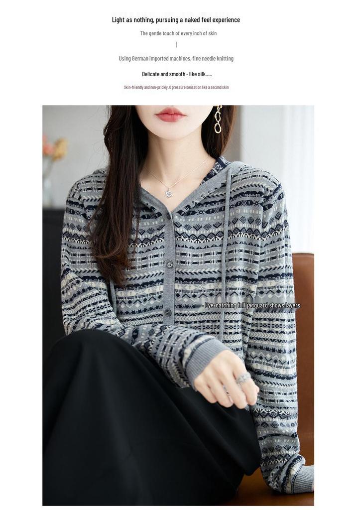 Retro Jacquard Hooded Knit Cardigan Coat - Women's Loose Fit Autumn Sweater