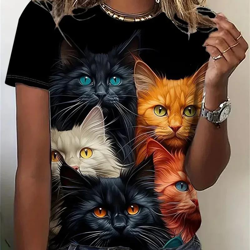 

Забавные женские футболки с 3D принтом милого кота, летние повседневные свободные топы с круглым вырезом и короткими рукавами, модные футболки с животным узором Kawaii Girl Tees 8XL
