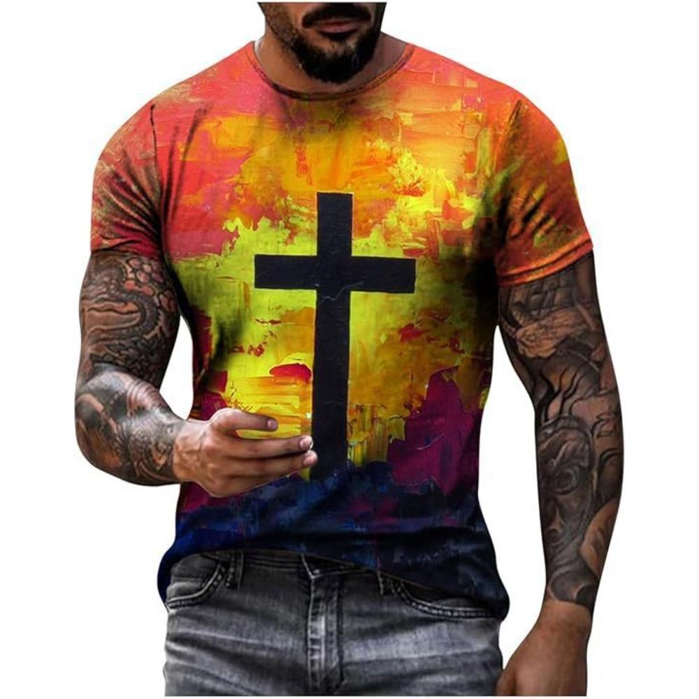 3D digitally printed men's T-shirt, casual crew neck short sleeves