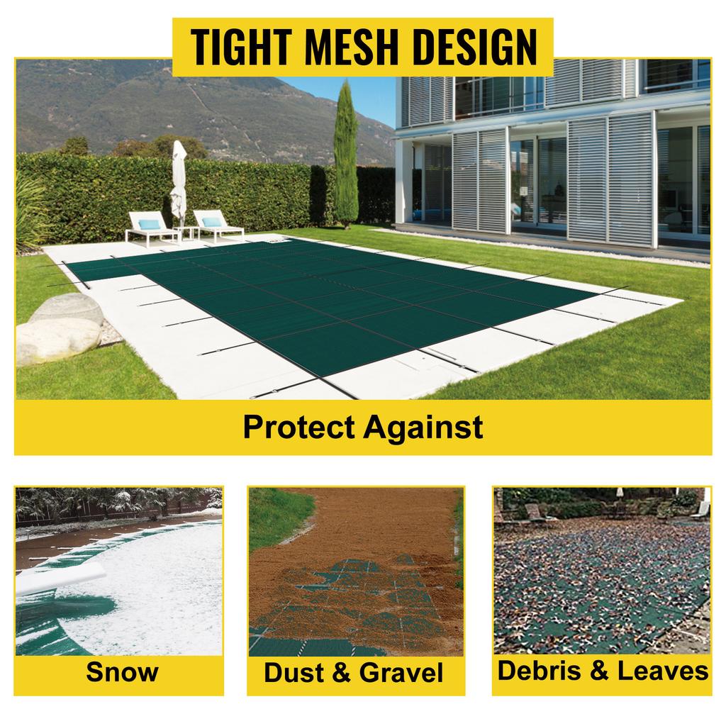 SucceBuy Inground Pool Safety Cover Rectangular PP Swimming Cover with Right Step Strength Mesh Rain Permeability for Garden