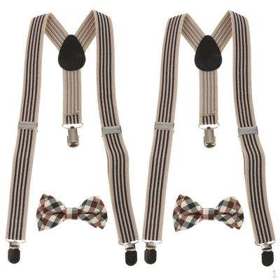 Pack of 2 Sets Kid Stretchble Y-back Suspender Plaid Bowtie Set Belts