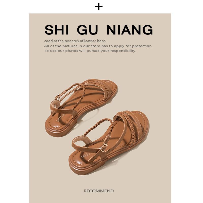 

9030-30 Римские сандалии 2025 Новые универсальные туфли на плоской подошве с открытым носком и мягкой подошвой, пляжная обувь 39 коричневый