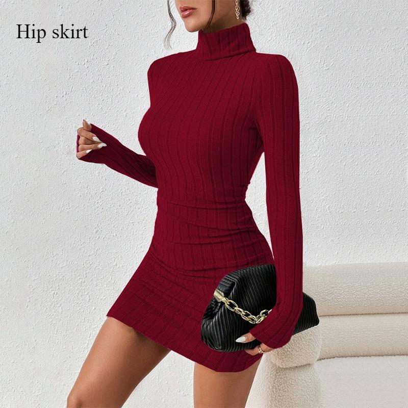 2024 Women's Wind Wine Red Dress Fashion Temperament Slim Autumn and Winter Simple High-neck Skirt