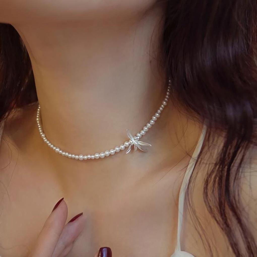 Women's Silver 925 Pearl Orchid Simple Choker Necklace