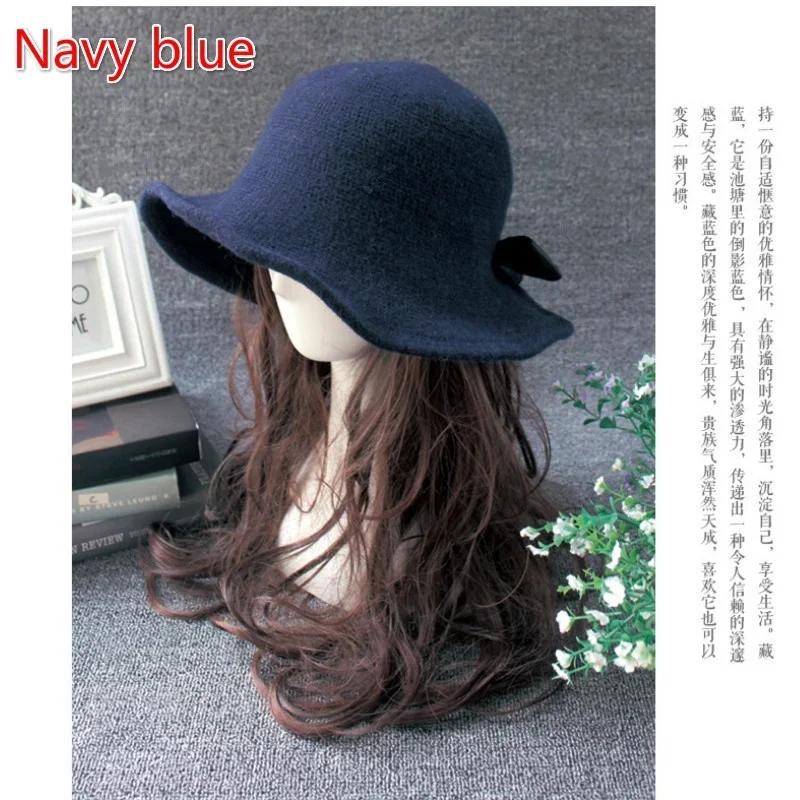 Vintage Wool Bucket Hats Women Fashion Bows Basin Fisherman Hat Winter Black Coffee Dark Camel Hat Ladies Head Accessories
