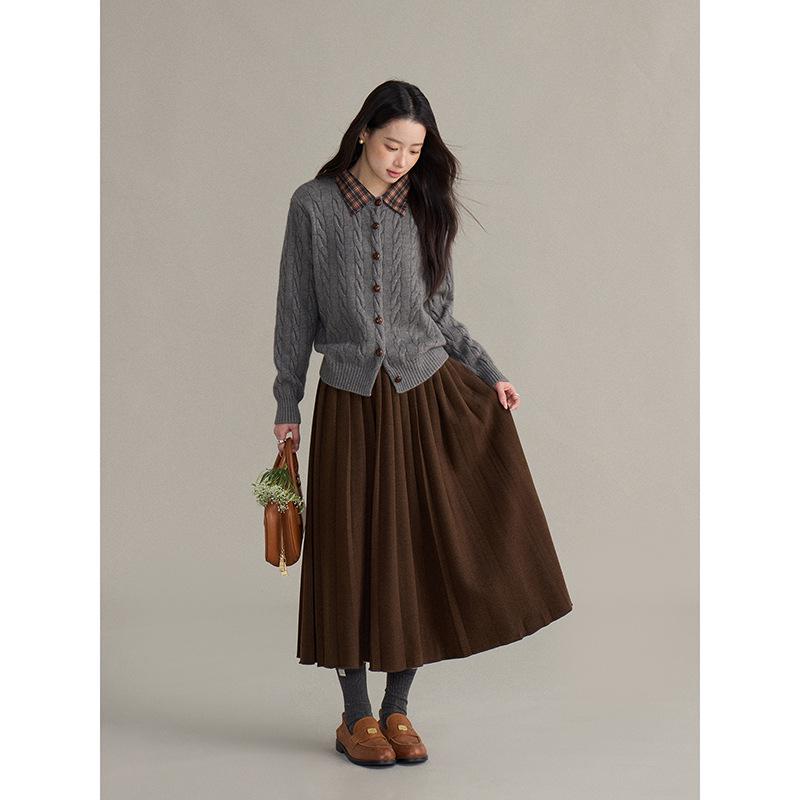 

Ge Ming Retro High-Waisted Wool Pleated A-line Midi Skirt for Women - Winter Commute Style M (85-115) темный кофе
