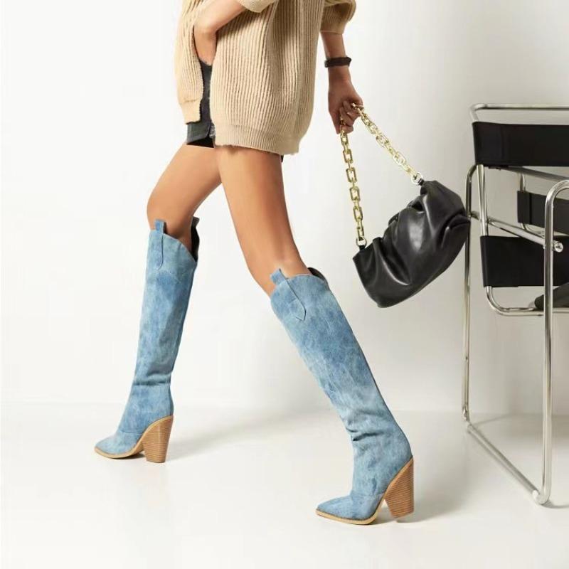 2026 new large size western denim camouflage fabric pointed head and high tube thin pipe pants boots