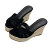 Wedge heel slippers women's new summer fashion outer wear woven hemp rope versatile high heel one-word slippers women