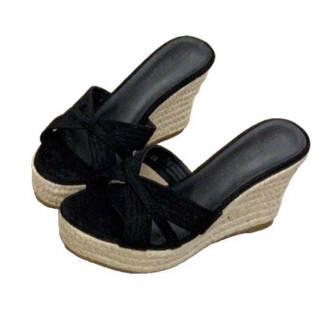 Wedge heel slippers women's new summer fashion outer wear woven hemp rope versatile high heel one-word slippers women