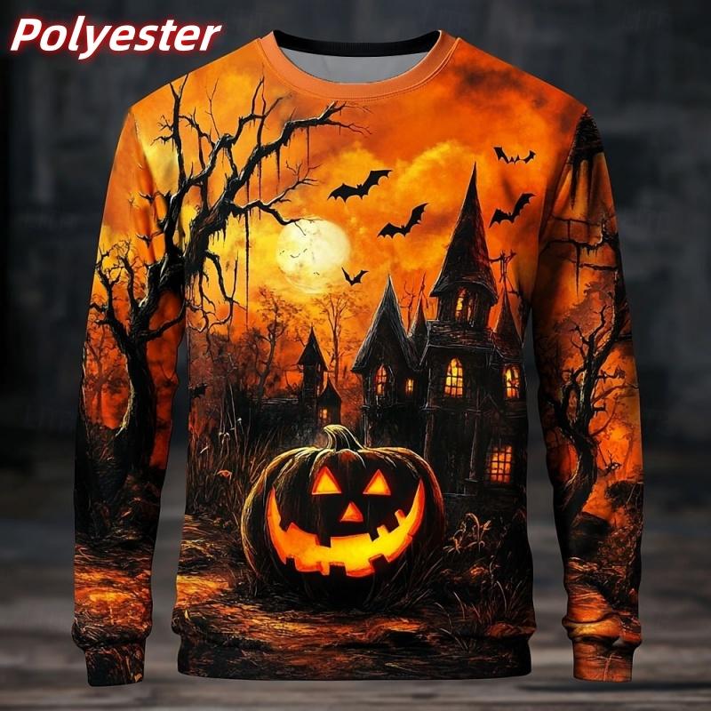 

Худи с рисунком тыквенного дома, дерева и летучей мыши для мужчин, пуловер с 3D-принтом на Хэллоуин, осенний топ с длинным рукавом и свободным круглым вырезом, толстовка 4XL