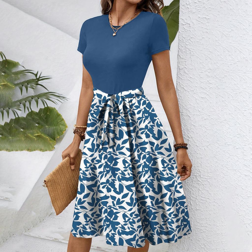 Women's Fashionable Retro Patterned Printing Color Blocked Belt Casual Dress
