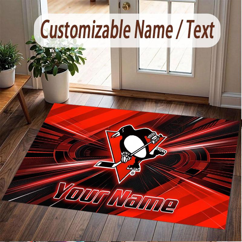 Custom Rug Pittsburgh Penguins Pattern Print Name Text Soft Non‑Slip Floor Carpet for Home Indoor Decoration