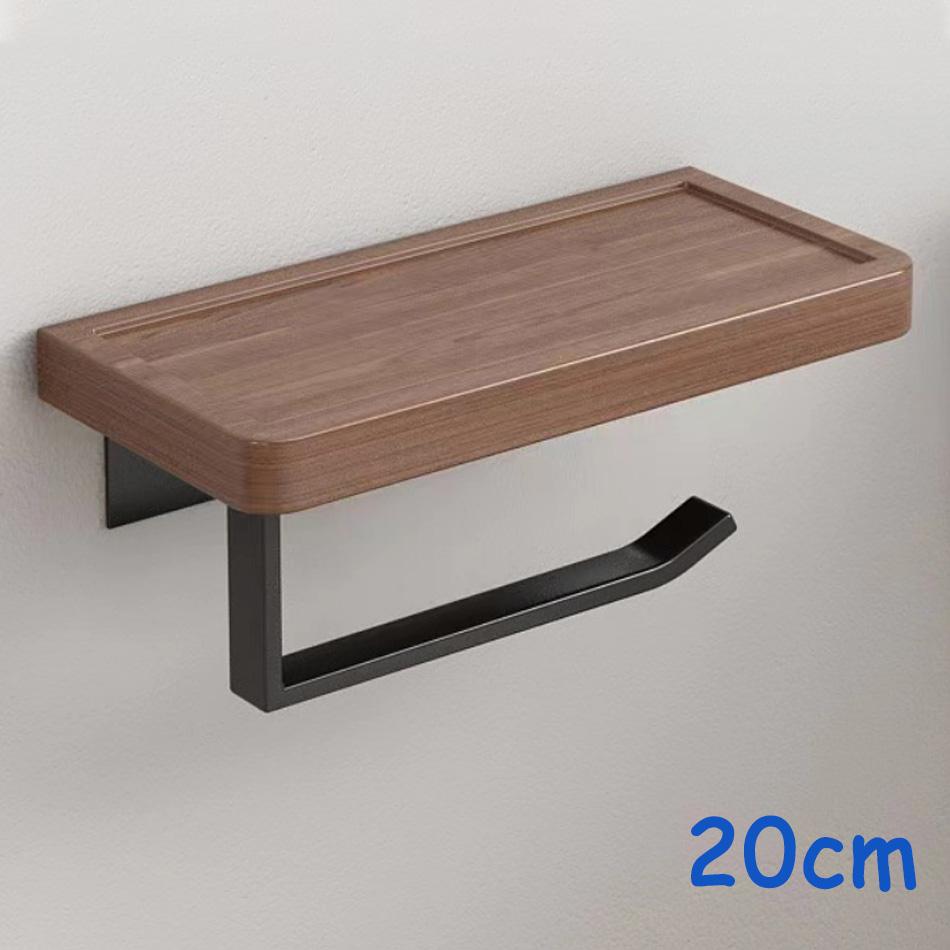 Double Paper Holder with Shelf Black Wood Wall Mounted WC Tissue Holders Walnut Toilet Paper Towel Rack for Bathroom Kitchen