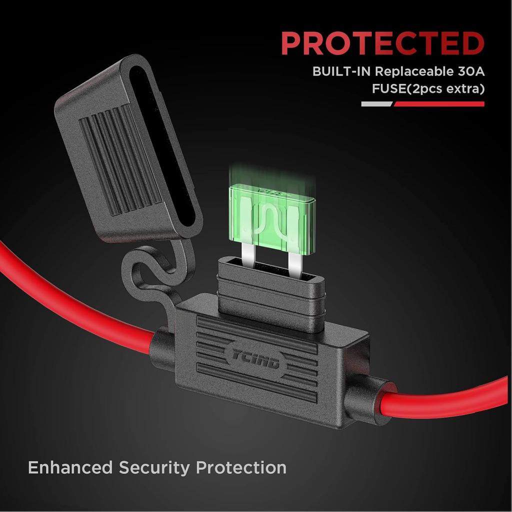 3/8" Ring Eyelet Terminal Battery Boost Cable Heavy-Duty 30A Fuse 12V/24V 12AWG Cord 10Ft