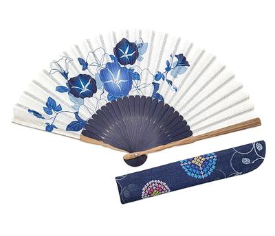 Folding Morning Glory Indigo with Fan 21cm Cotton Fabric [Hana Kanzashi] Women's Fan, Pattern, Blue, Case,
