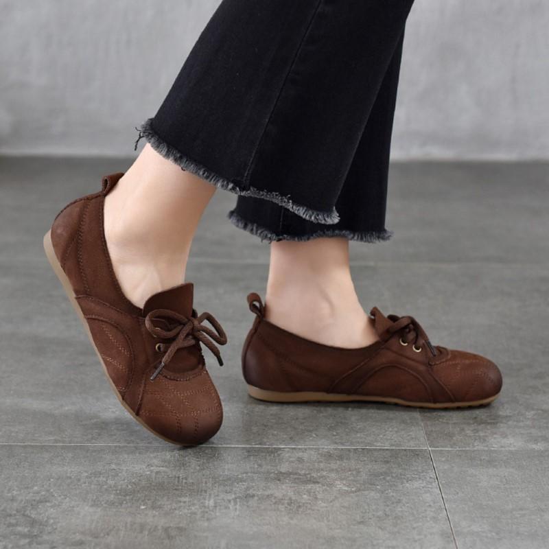 Johnature Genuine Leather Soft Soled Loafers Casual Comfortable Round Toe Lace Up Women's Flat Shoes
