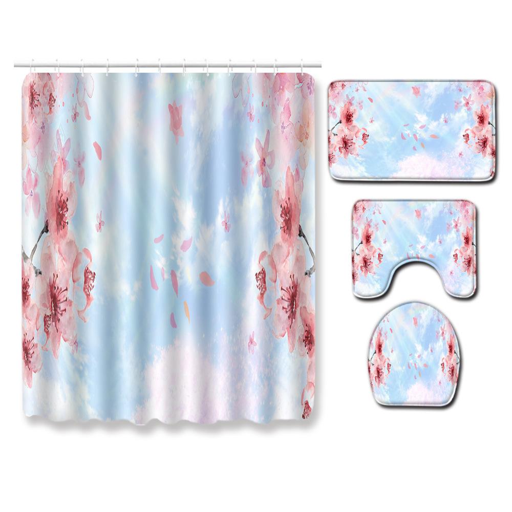 Watercolor Textured Bathroom Shower Curtain Floor Mat Toilet Cover Foot Mat Four-Piece Set