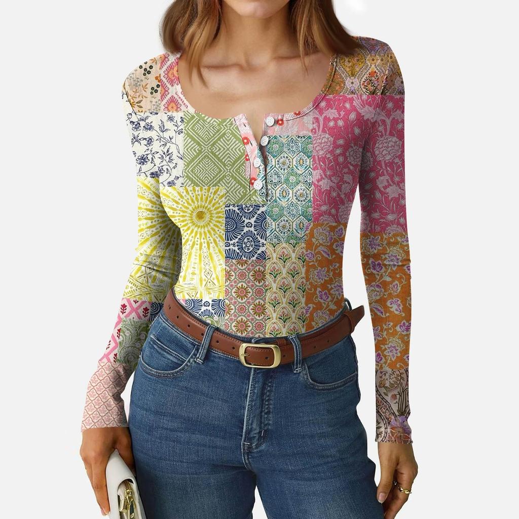 Women's Slim Bottom T-shirt Fashion Casual Gradient Printing Round Neck Pullover Long Sleeve Top