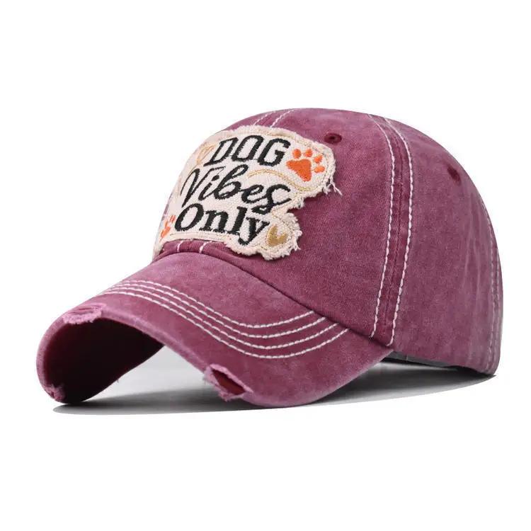 

Embroidered Puppy Baseball Cap, Cotton Washed Vibes Lettering, 4th of July Dog Hole Cap Adjustable бордовый