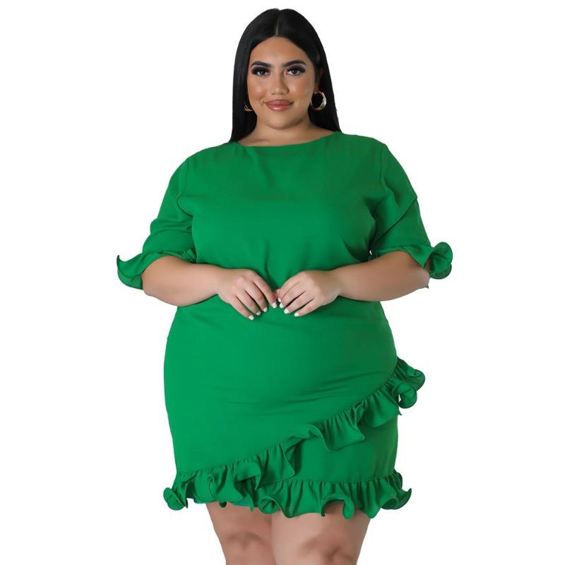 Plus Size Solid Color Ruffle Trim Short Dress L зелёный