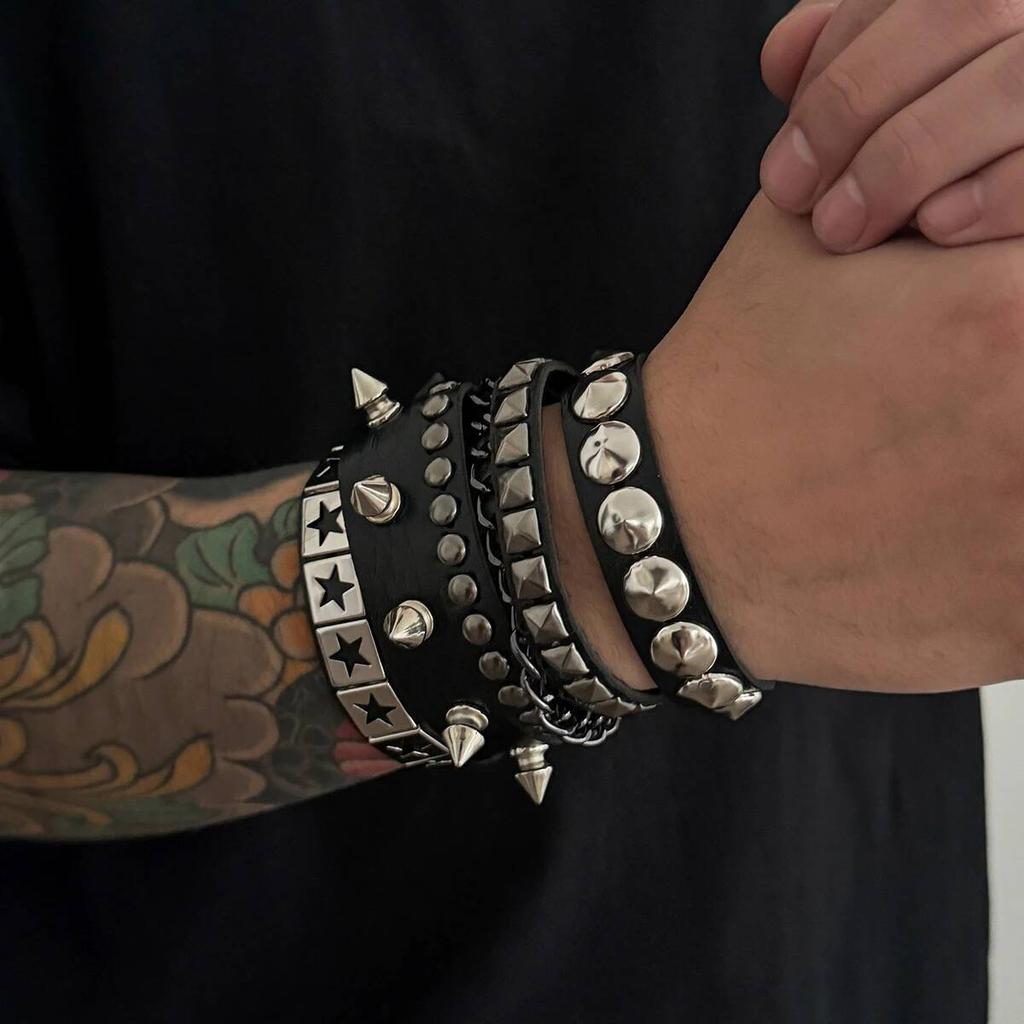 3Pcs/Set Hip Hop Spike Rivets PU Leather Bracelet for Men 2026 New Trend Goth Wristband Bangle Grunge Jewelry Steampunk