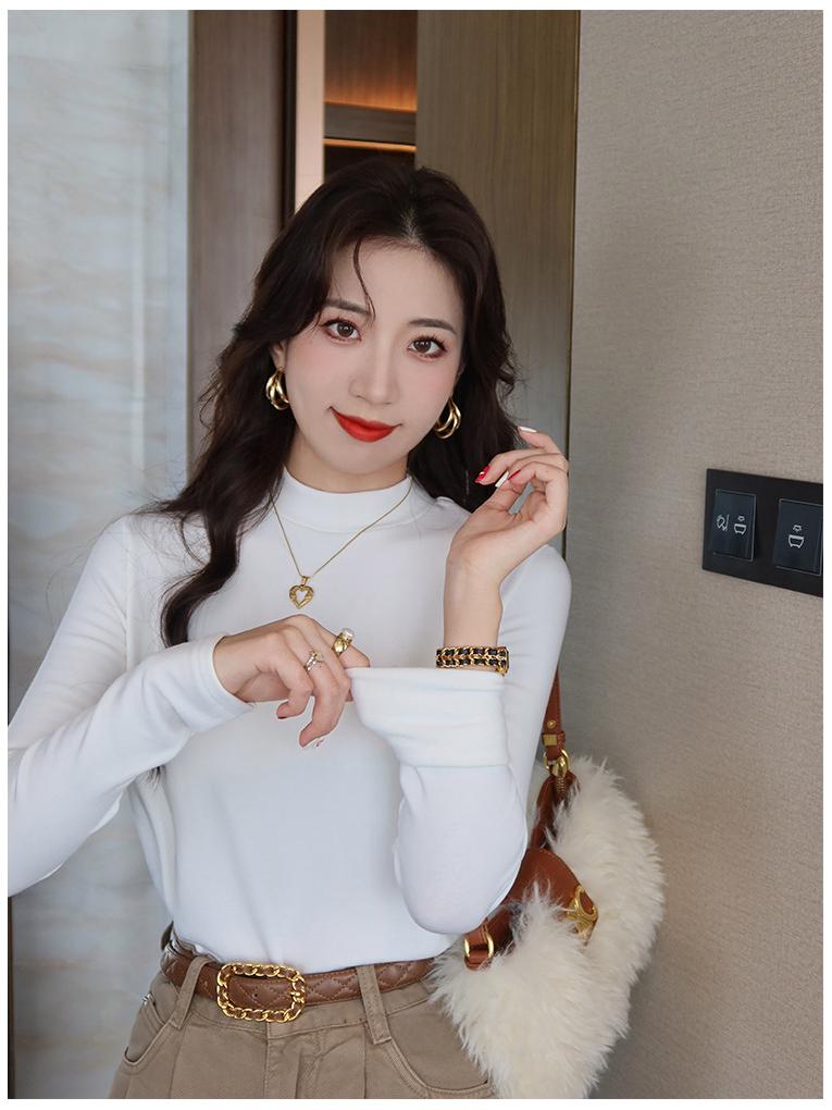 Velvet Semi-High Neck Long Sleeve Women's Modal Base Layer T-Shirt - Slimming White Autumn/Winter Fashion Top
