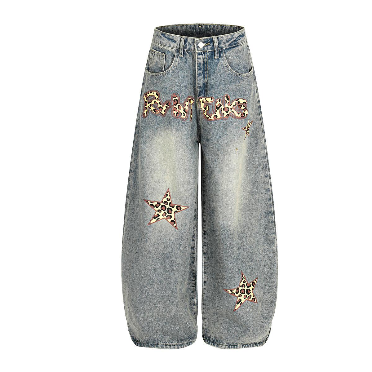 Trendy brand American retro leopard print embroidered scimitar jeans men s loose wide-leg trousers S светло-синий