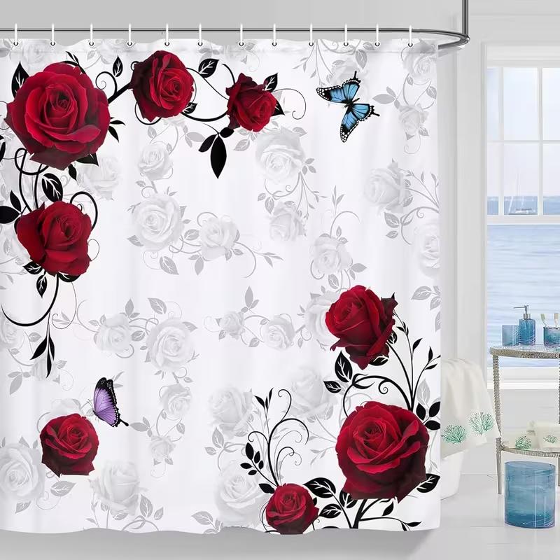VIKAMA Classic Rose Butterfly Waterproof Shower Curtain Wet and Dry Separation Bathroom Partition Curtain Home Decor