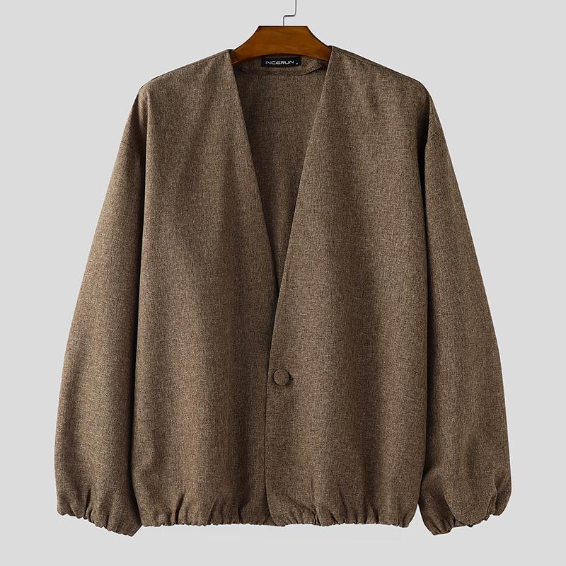 INCERUN Oversized Men Long Sleeve One Button Casual Loose Cardigan Thin Kimono Tops