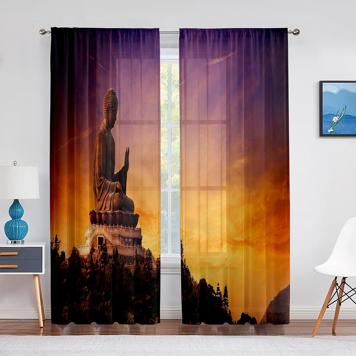 

Статуя буддийского Будды, прозрачная занавеска с золотым светом и закатом для гостиной, кухни, окна, спальни, тюль, вуаль, занавеска 1 PCS W100XH250cm&Grommet Top