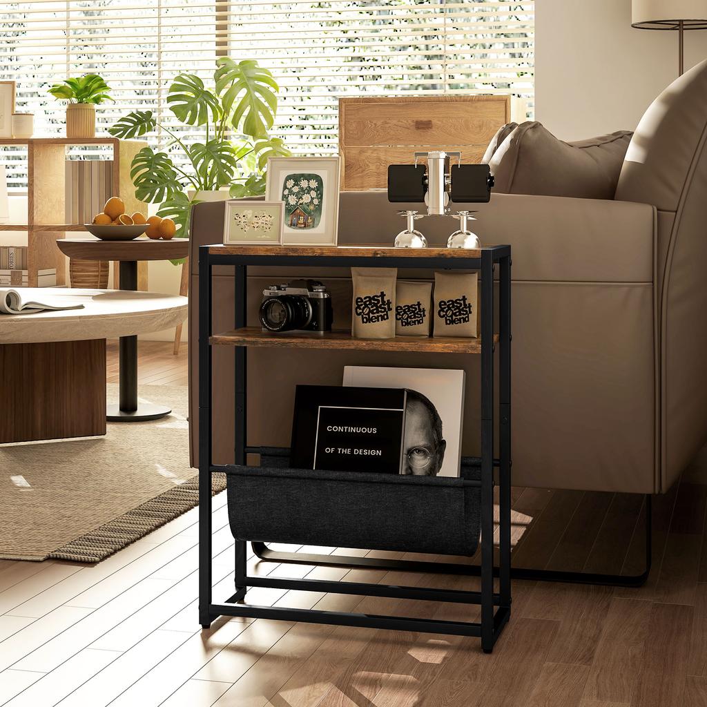 Narrow Side Table, End Table with 3-Tier Storage, V-Shaped Magazine Holder for Living Room, Bedroom, 43 X 18 X 56 Cm, Ru