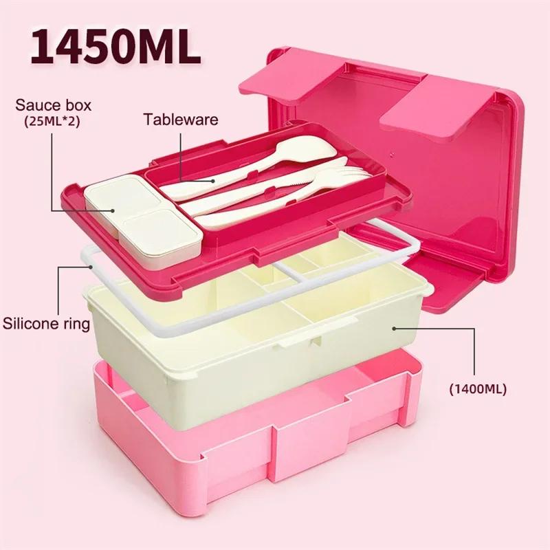1450ml Bento Box Tragbare 4-Fächer Versiegelte Lunchbox mit Löffel Gabel Mikrowellenheizung Bento Box Kinder Lebensmittel Bento Behälter