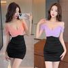 Women's Sexy Low-cut Mesh Stitching Contrasting Color Off-the-shoulder Short-sleeved Suspender Dress Women's Tight Hip-wrapped Short Skirt