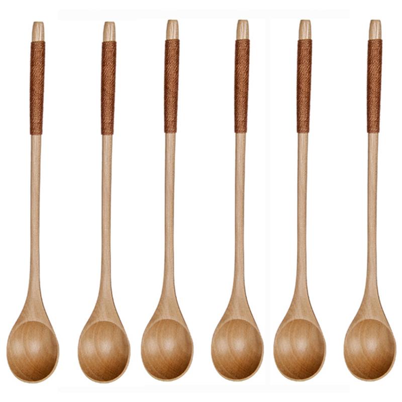 6Pcs Wooden Spoon Set Tea Spoons Small Dessert Spoon Coffee Stirrer Wood Teaspoon Long Handle Stirring Mixing Spoon for Honey