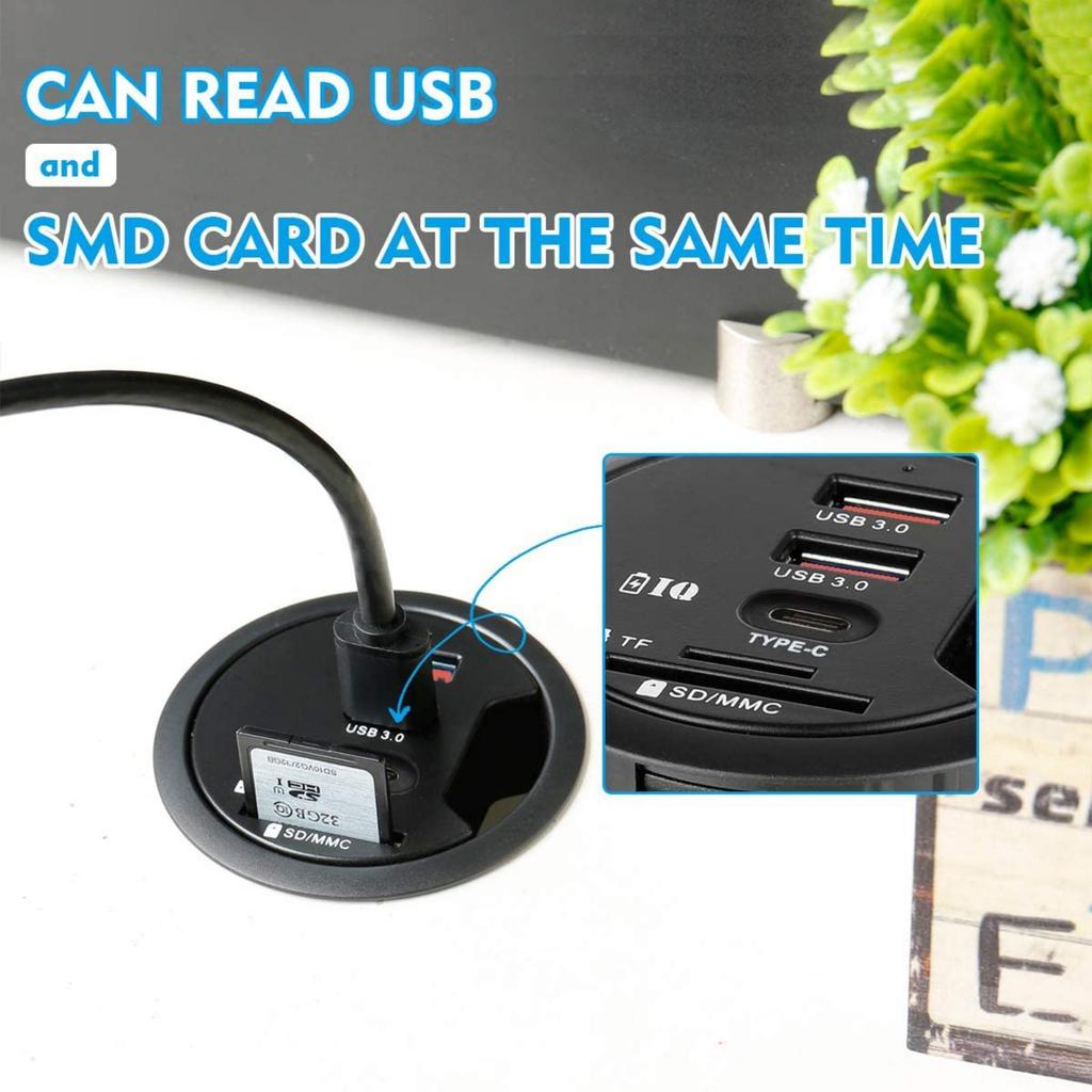 Tischtauglicher USB 3.0-Hub mit Tülle (Durchmesser 2,36" oder 60MM) 2 Port Typ-A und 1 Port Typ-C mit SD/TF-Kartenleser zum Laden und zur Datenübertragung