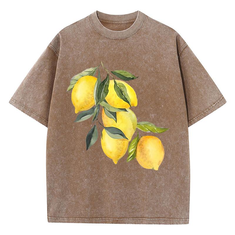 Creative Lemon Pattern Printing Washed TShirt Women Cottont Shirts ONeck Oversized Acid Wash Tops Summer Casual Woman Clothes
