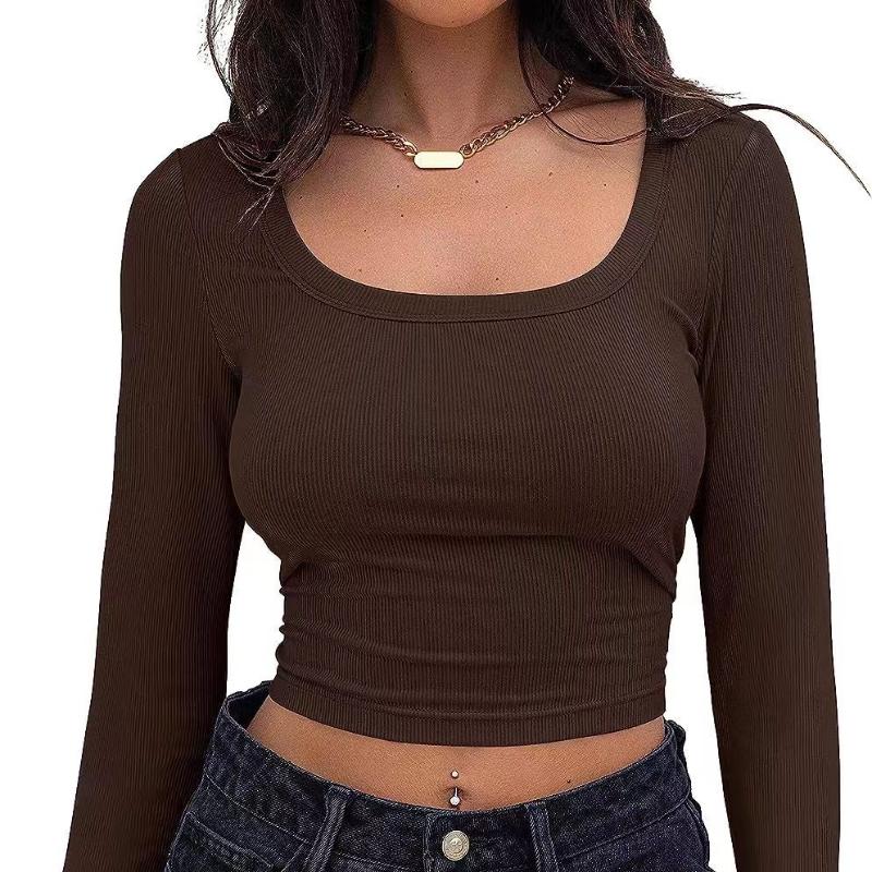 Women's Threaded Slim Fit Long Sleeve Square Neck T-shirt for Women S-XL Belly Button Top