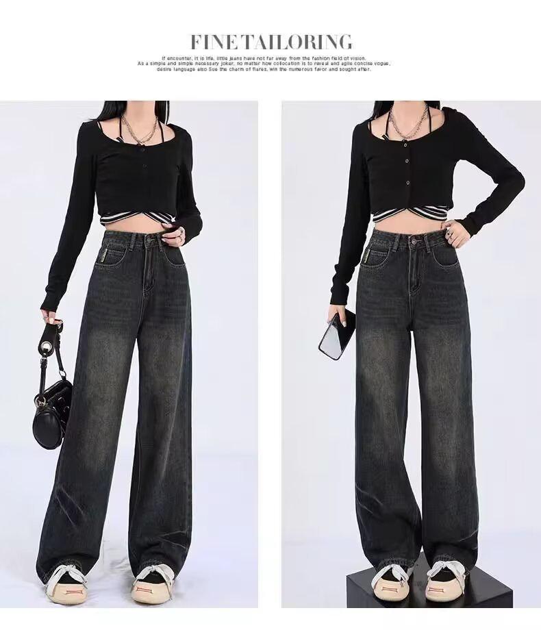 Women's Plus Size Dark Washed Wide-Leg Jeans with Zipper - Retro Style for Spring and Autumn