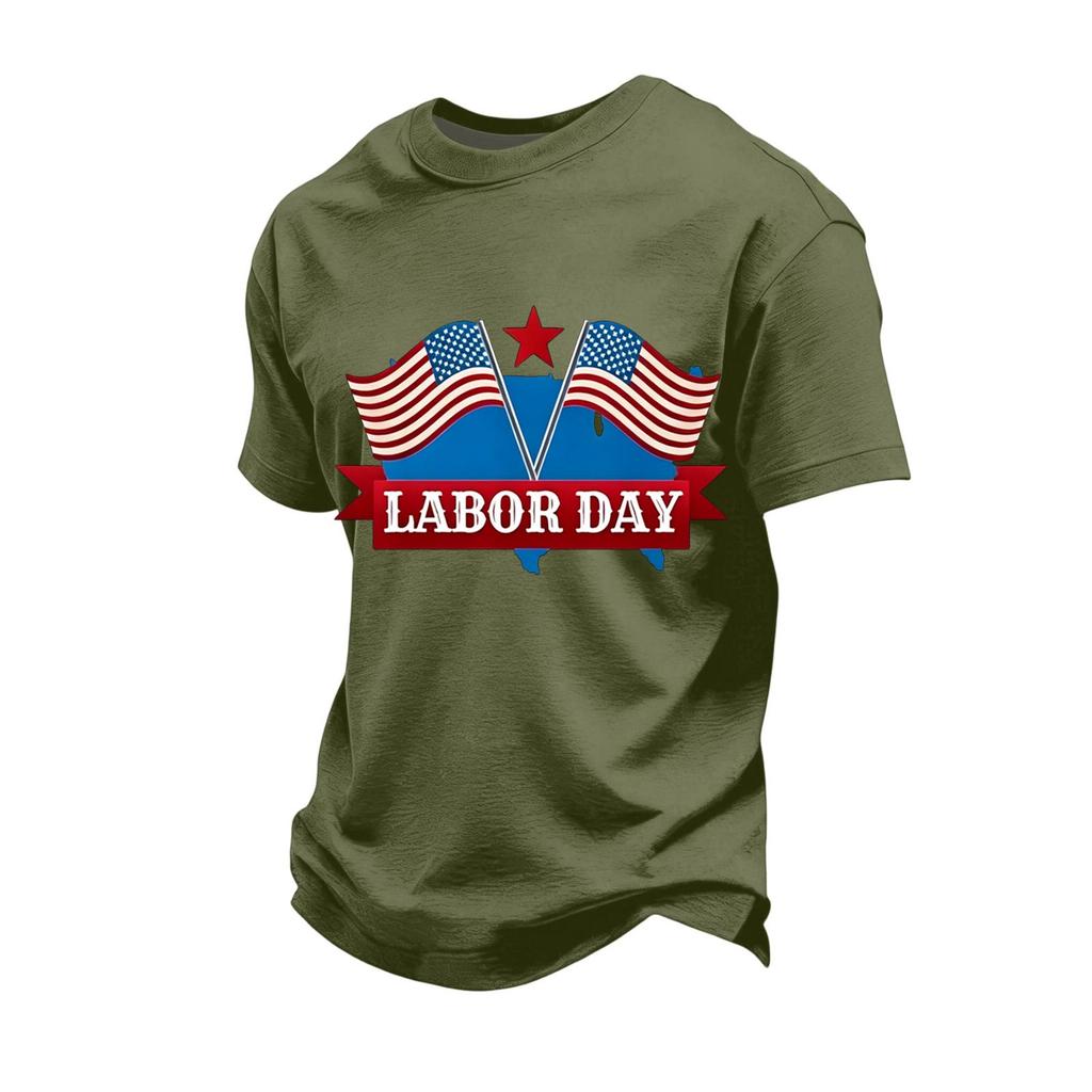 Men's Loose Fit Short Sleeve Casual T-Shirt Labor Day Printed Crew Neck Cotton Blend Top for Everyday Wear