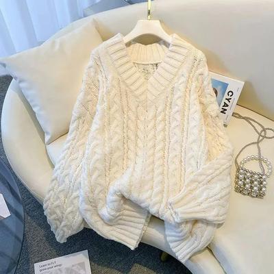 Damen V-Ausschnitt Strickpullover Koreanische Langarm Strickwaren Winter Freizeitliche Pullover