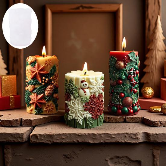 3Pcs Christmas Candle Silicone Mold for Epoxy Resin Plaster Concrete Reusable Xmas Theme Cylinder Mold for DIY Candle Holders Storage Containers Decor