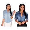 Denim Shirt Lapel Long Sleeve Loose Fit Commuting Style Daily Wear Tops with Flap Pockets Buttons Placket