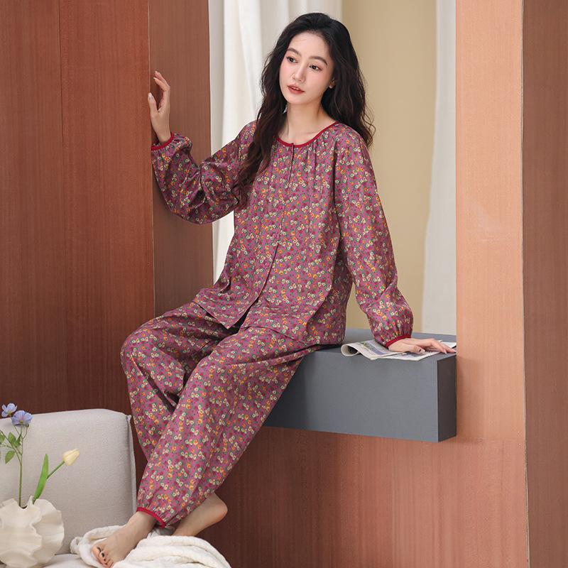 Pajamas Women's Spring and Autumn Woven Cotton Gauze Long-sleeved Small Floral 1011 New Pure Cotton Autumn Thin Loungewear